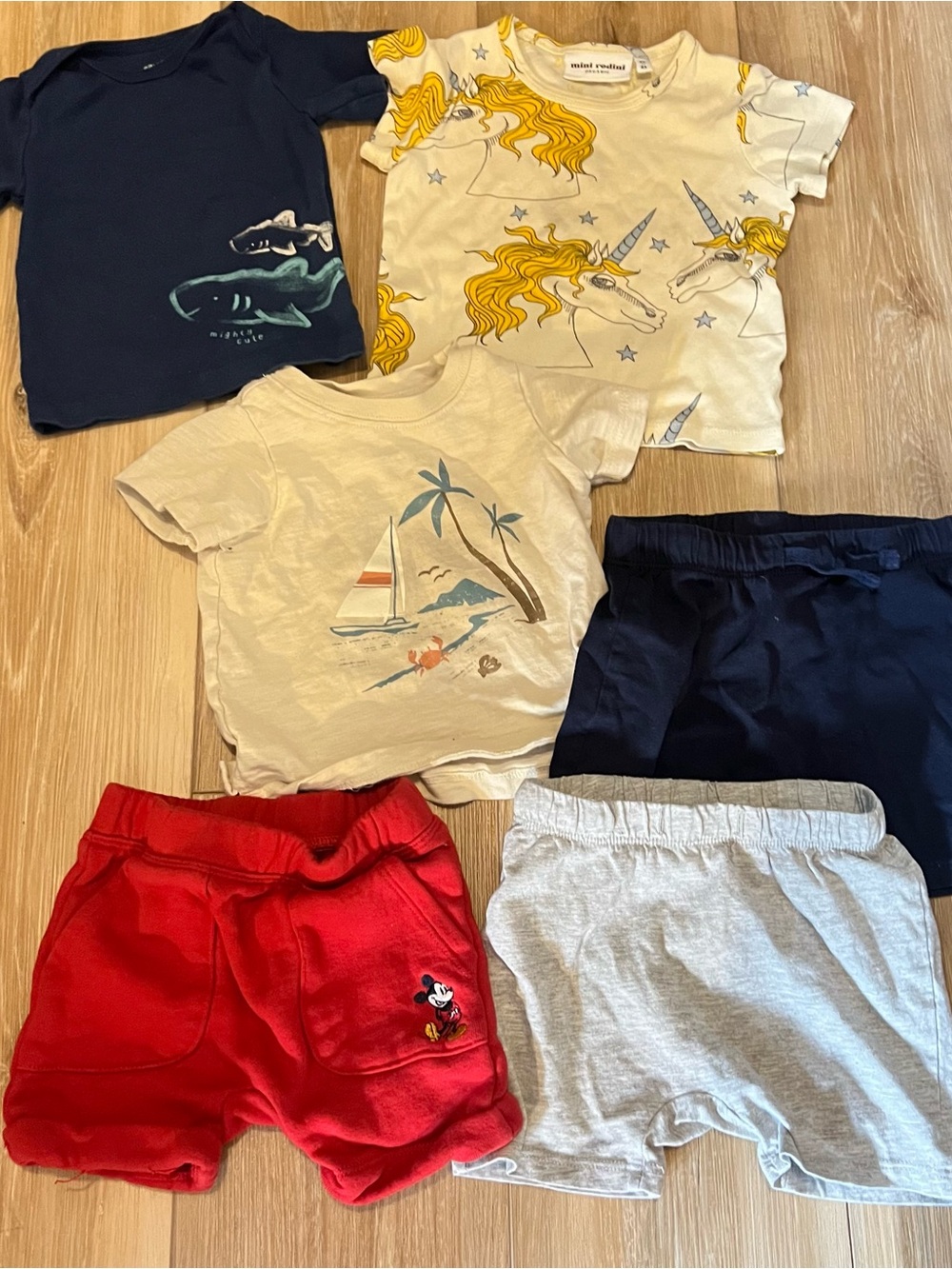 Baby Summer Lot 6pc – Mini Rodini Unicorn, Disney Mickey, Shark & Beach – 9-12M